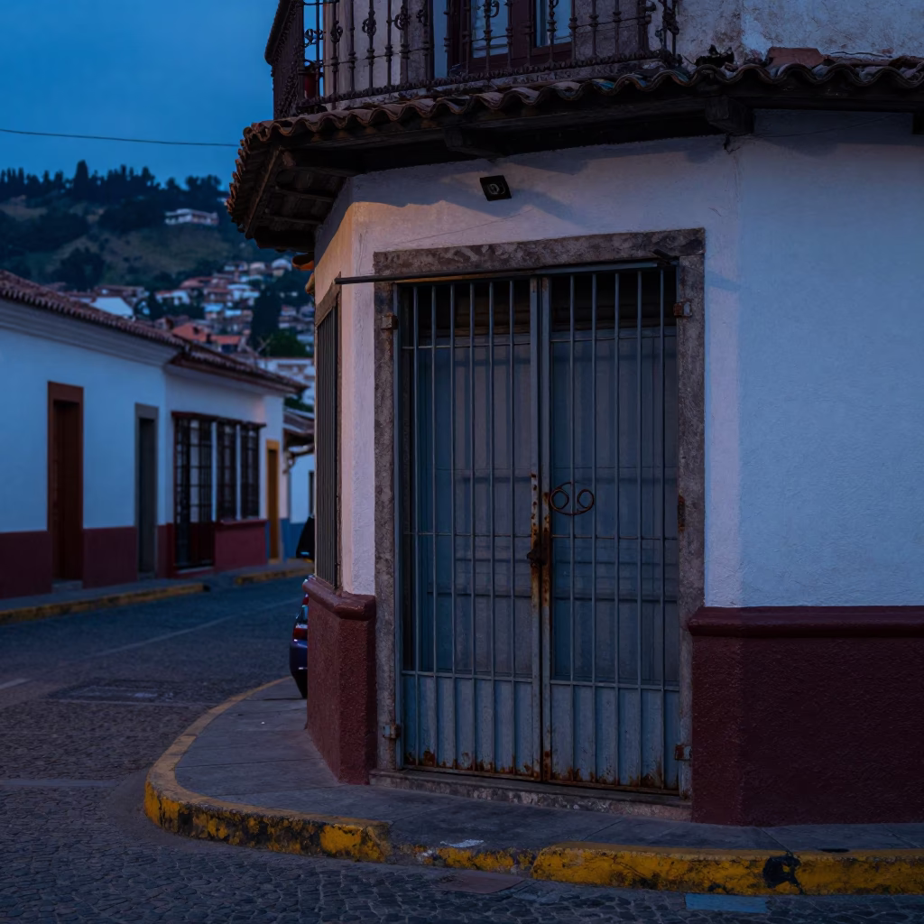 Quiet Pre-Dawn Street Corner in Quito Ecuador with Local Details in in Quito, Ecuador