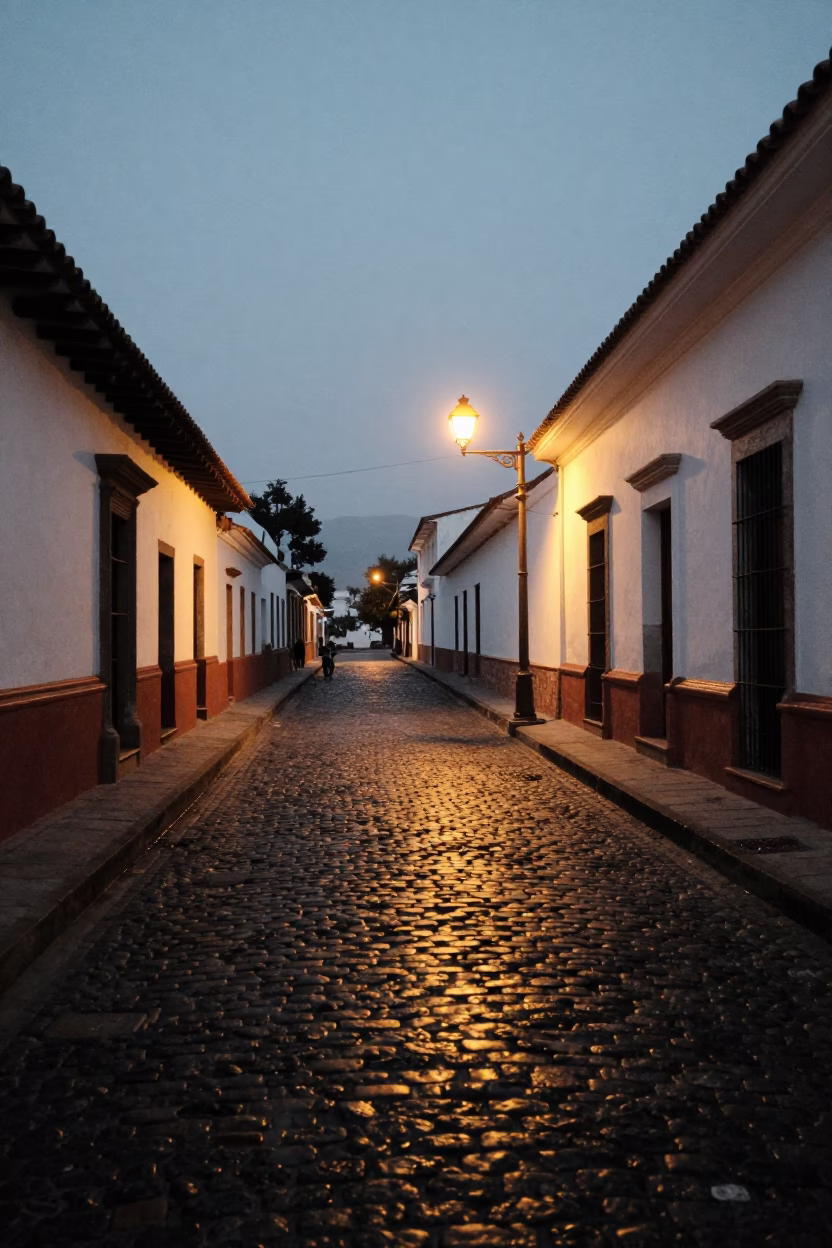 Quiet Pre-Dawn Street in Quito Ecuador With Cobblestones And Early Morning Light in in Quito, Ecuador