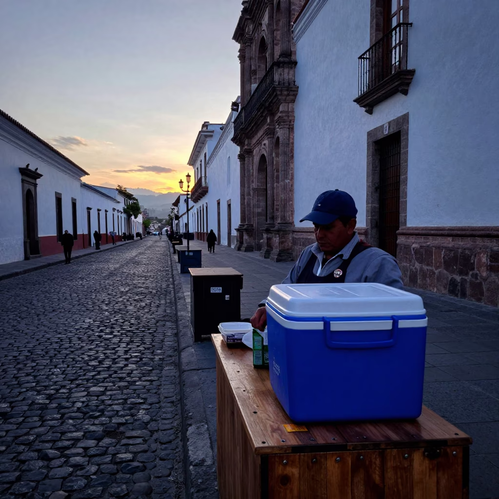 Quiet Pre-Dawn Street Scene in Historic Quito Ecuador with Cooler Jug in in Quito, Ecuador