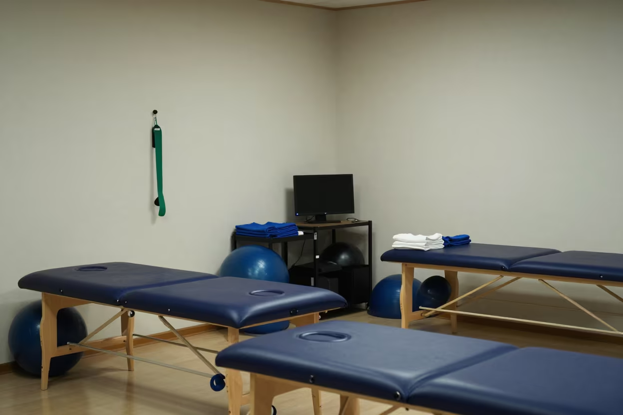Quiet Rehabilitation Room Late Morning in inside a recovery area with treatment stations aligned near Toyama