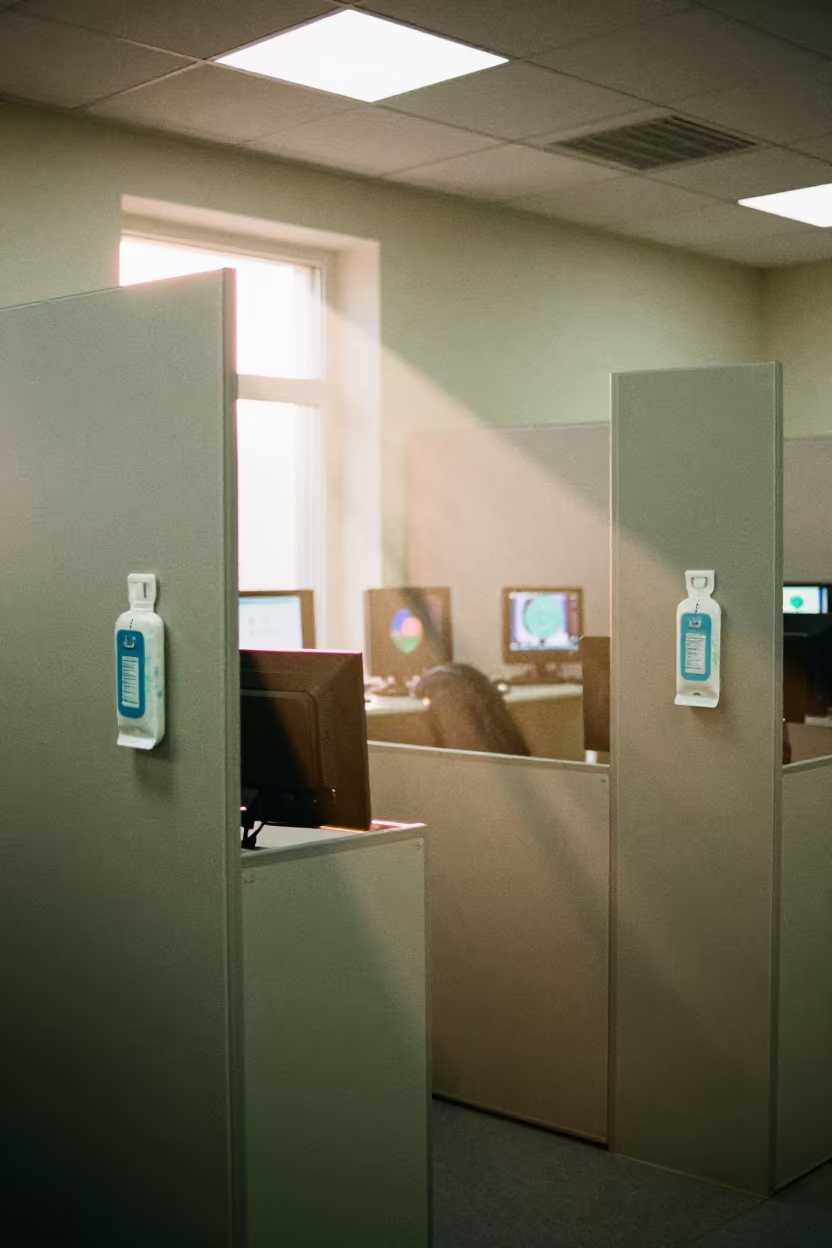 Quiet Video Call Booth in Khyrdalan Operations Center in in an operations center under monitor glow in Khyrdalan