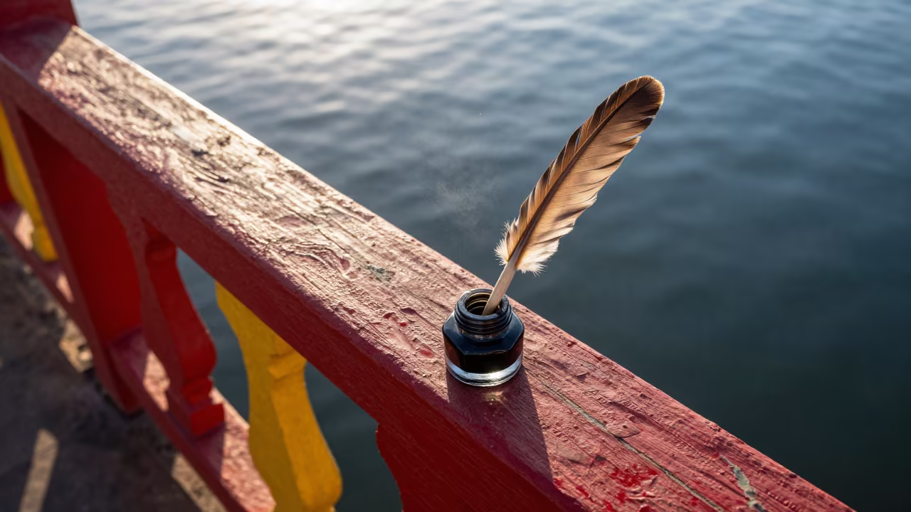 Quill Pen Ink Well Dawn Pier in on a pier railing in Soubré