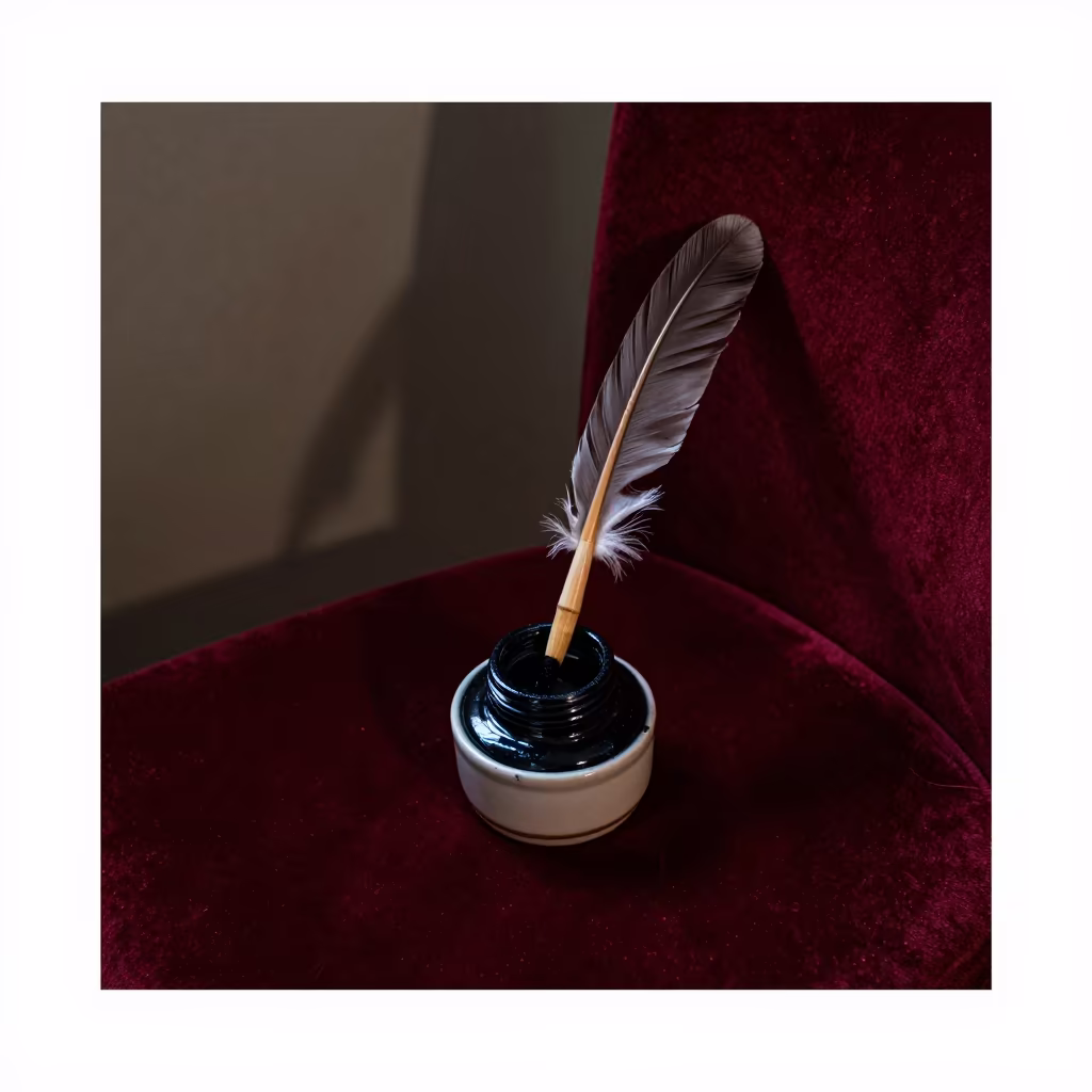 Quill Pen Resting in Ink Well on Velvet Chair in on a velvet chair in Merca