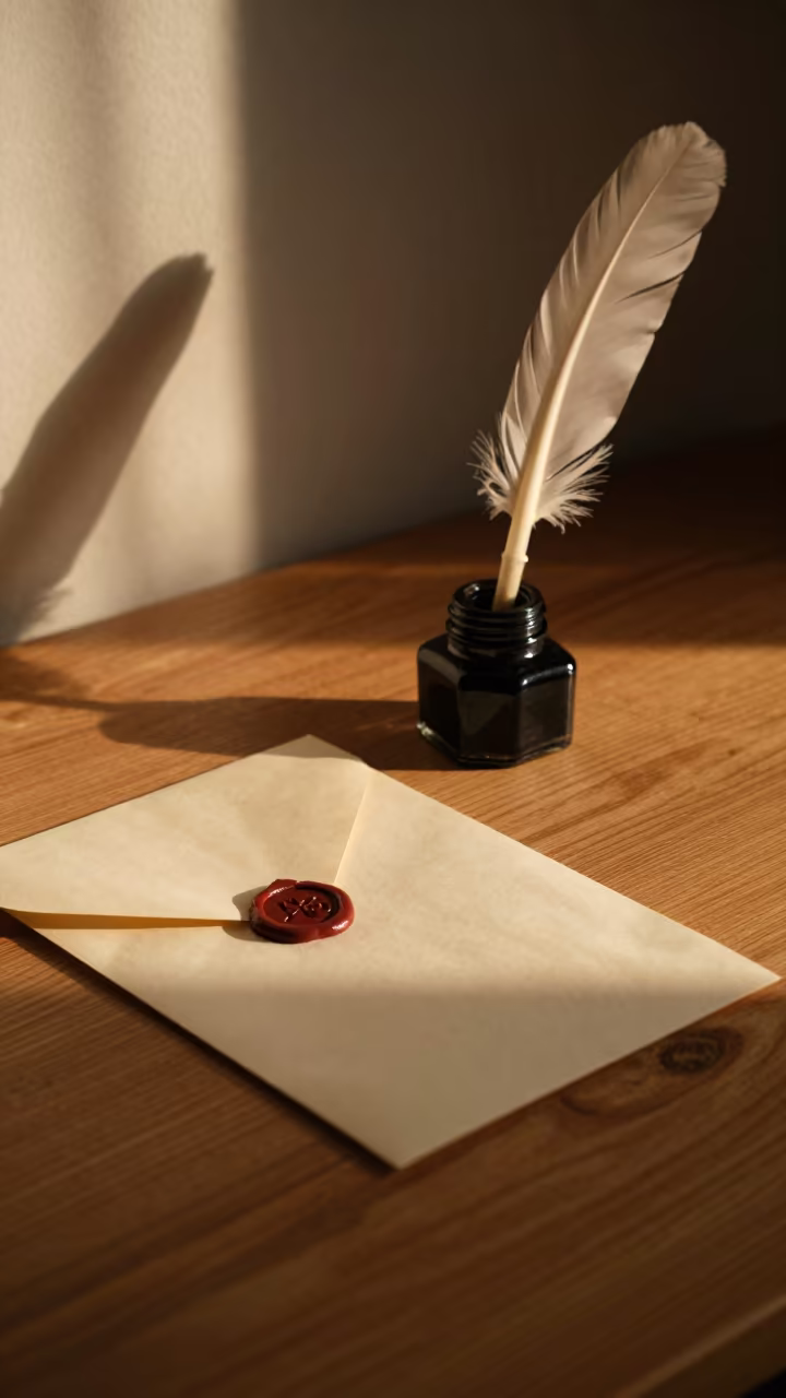 Quill Pen Inkwell Letter Golden Hour Novosibirsk in on a wooden workbench in Novosibirsk