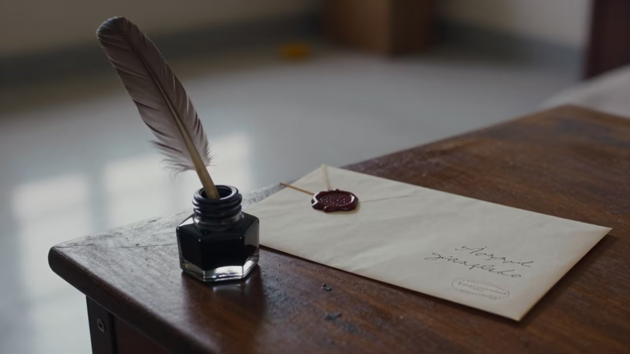 Quill Pen Inkwell Letter Peshawar Night in on a bedside table in Peshawar