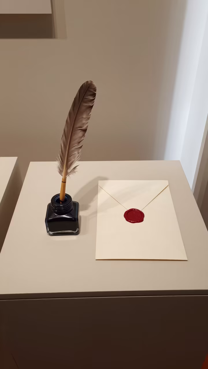 Quill Pen and Wax Letter on Museum Plinth in on a museum plinth in Lahti
