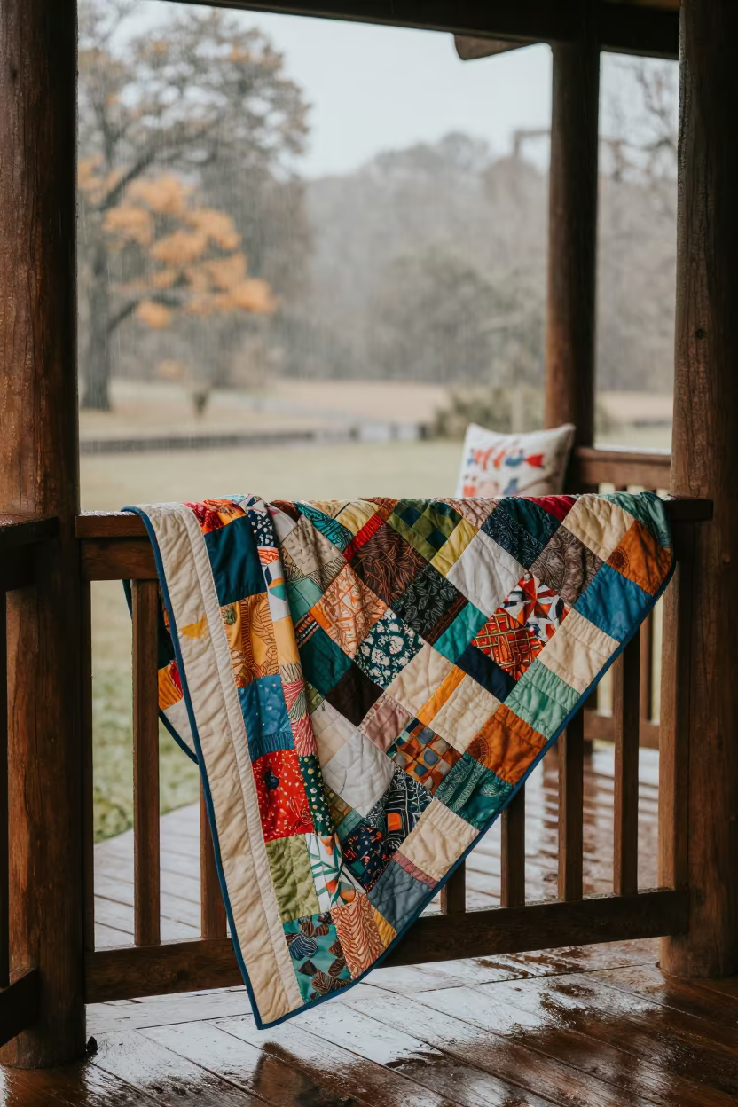 Quilt Airing on Porch Railing in Autumn Light in on a reading nook cushion in Kinshasa