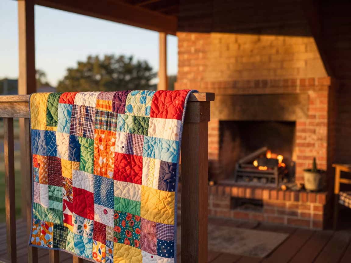 Quilt Airing on Porch Railing in Autumn in by a crackling fireplace in Durban