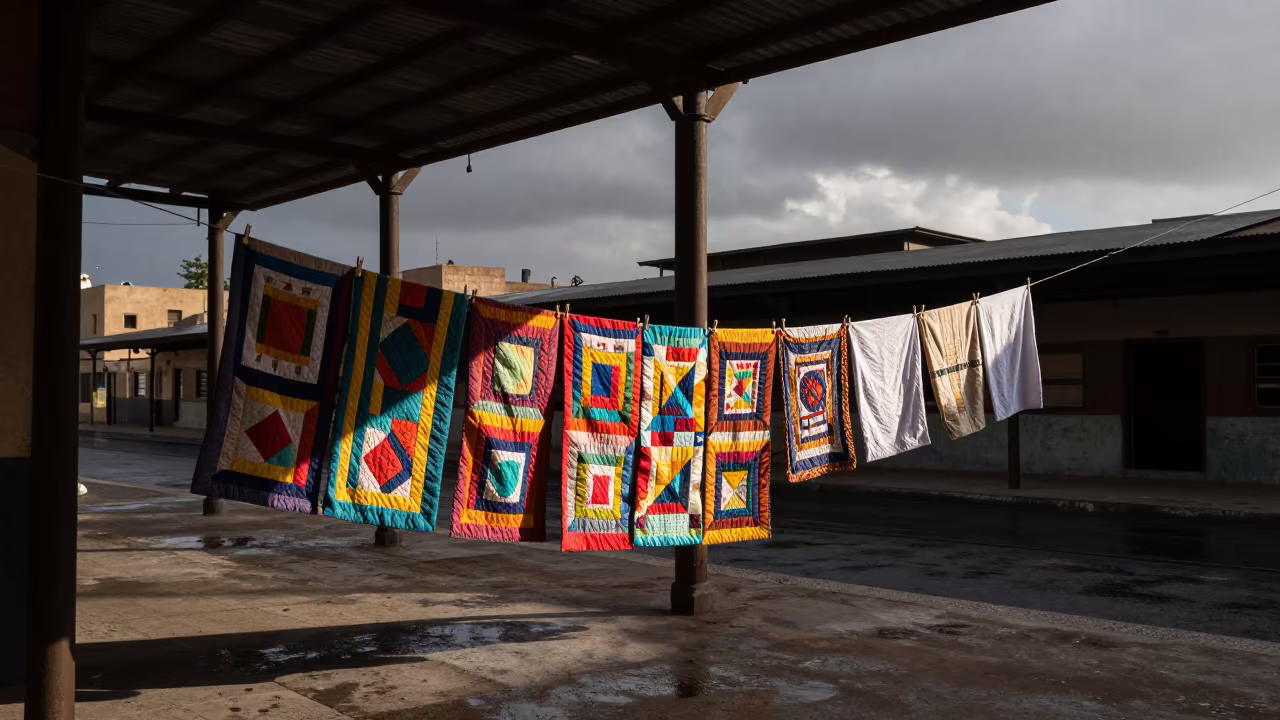 Quilt Airing in Shadowed Train Terminal in inside a restored train terminal near Jeddah