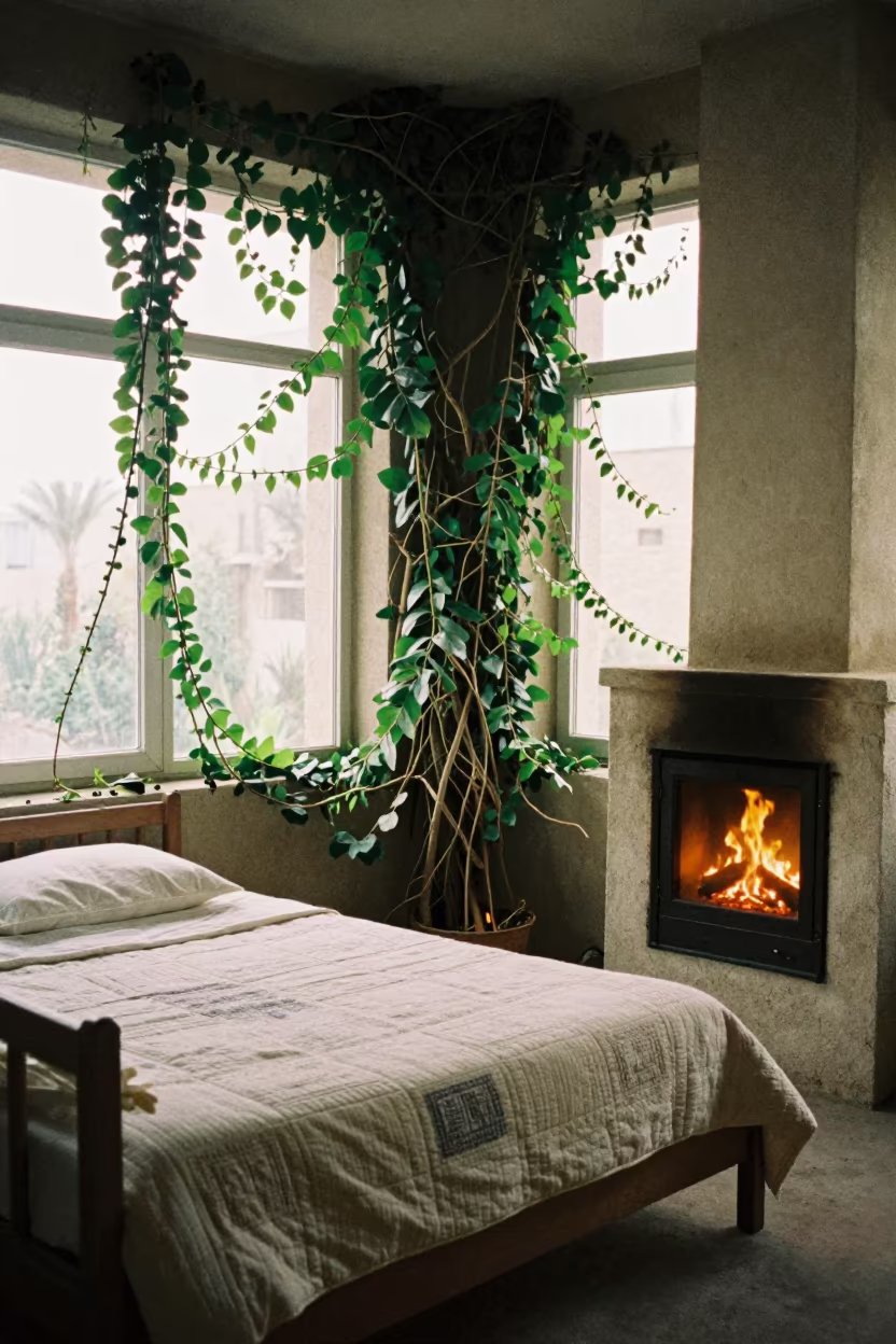 Quilt on Bed with Jungle Vines in Daraa Morning in by a crackling fireplace near Daraa