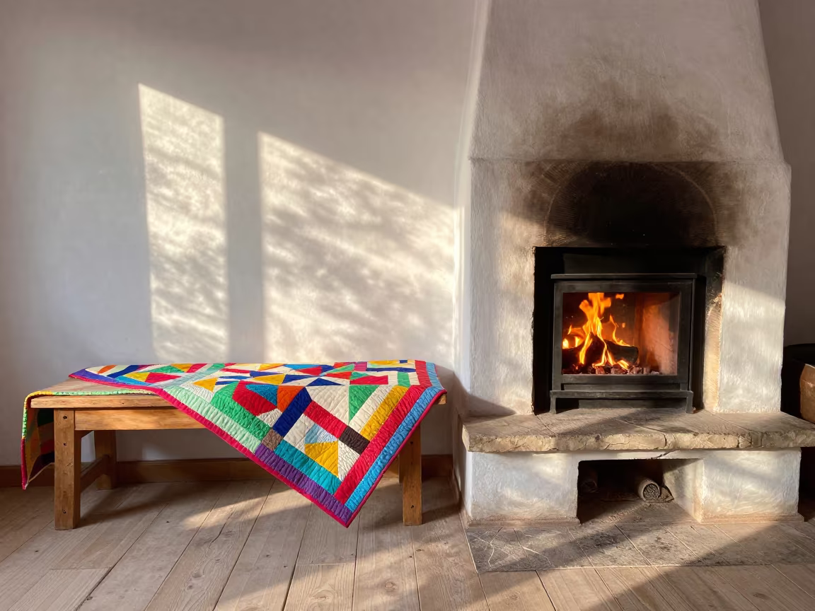 Quilt on Bench by Fire in Bikaner Late Summer in by a crackling fireplace near Bikaner