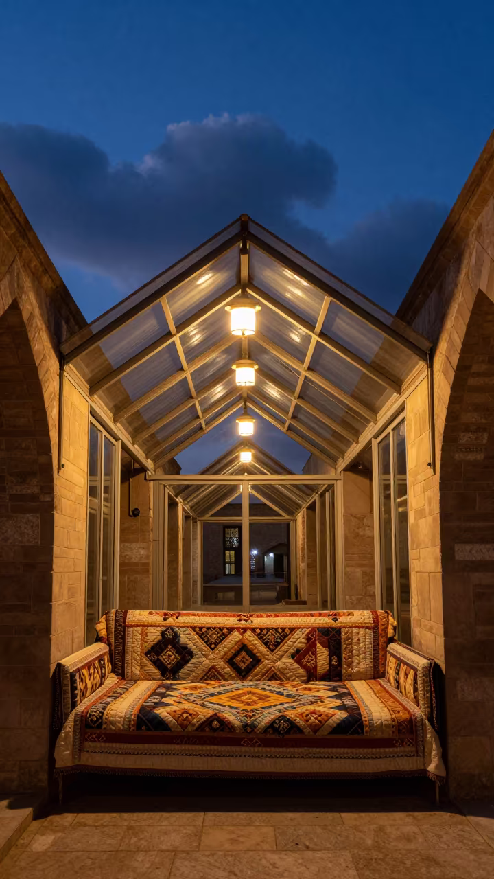 Quilt Daybed Under Glass Roof Arcades in Winter Twilight in inside a glass-roofed arcade near Najaf