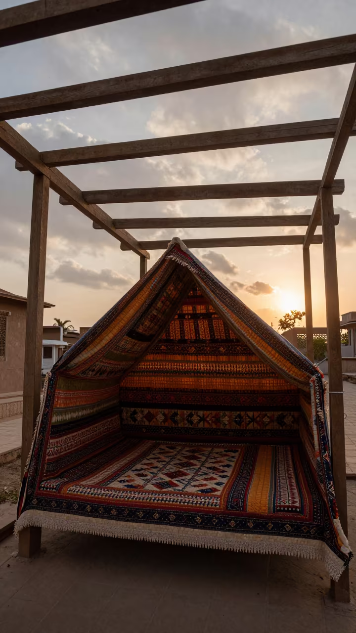 Quilt Daybed Under Glass Roof Vehari Sunset in inside a glass-roofed arcade in Vehari