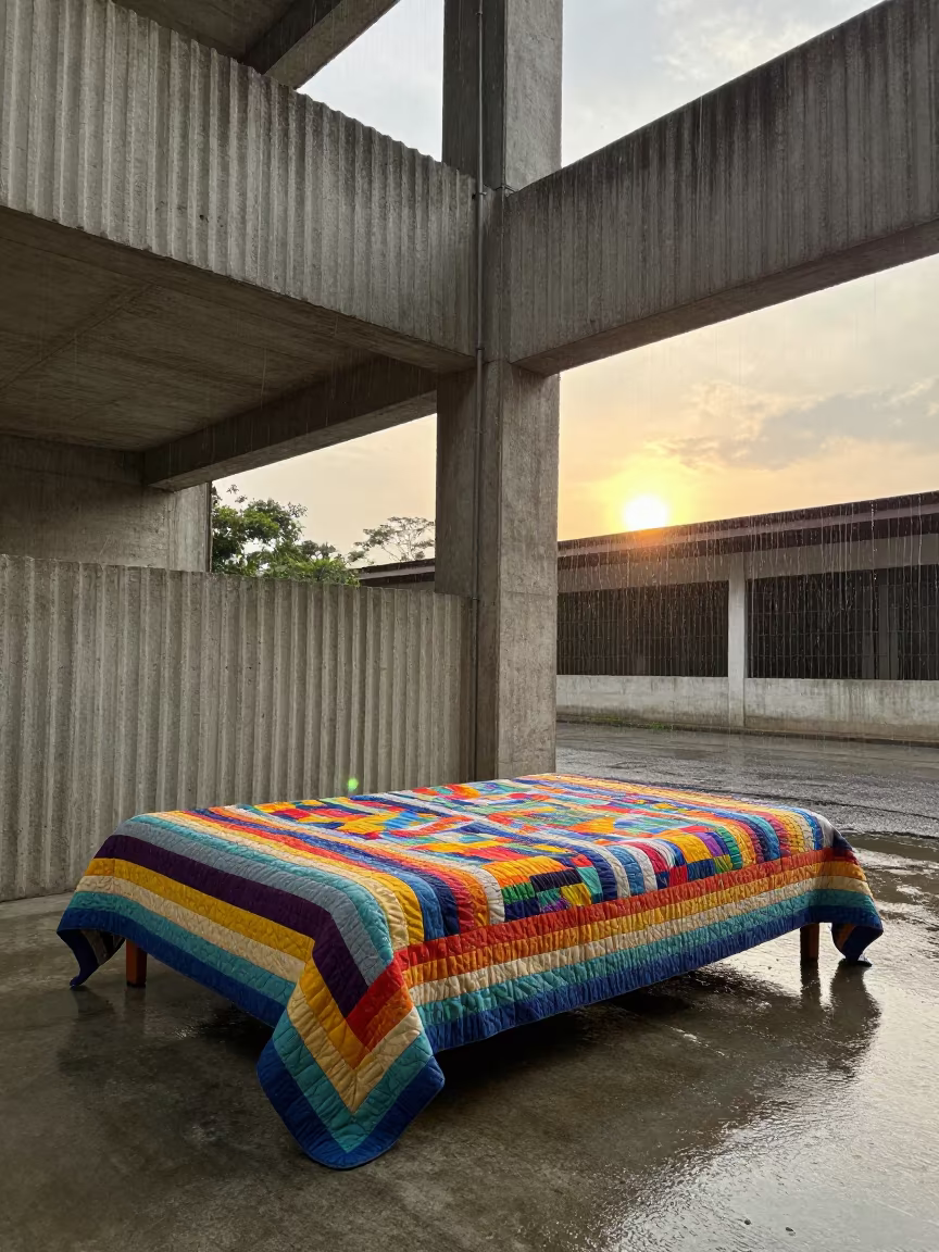 Quilt Daybed in Ribbed Concrete Lobby at Golden Hour in inside a ribbed concrete lobby in Esmeraldas