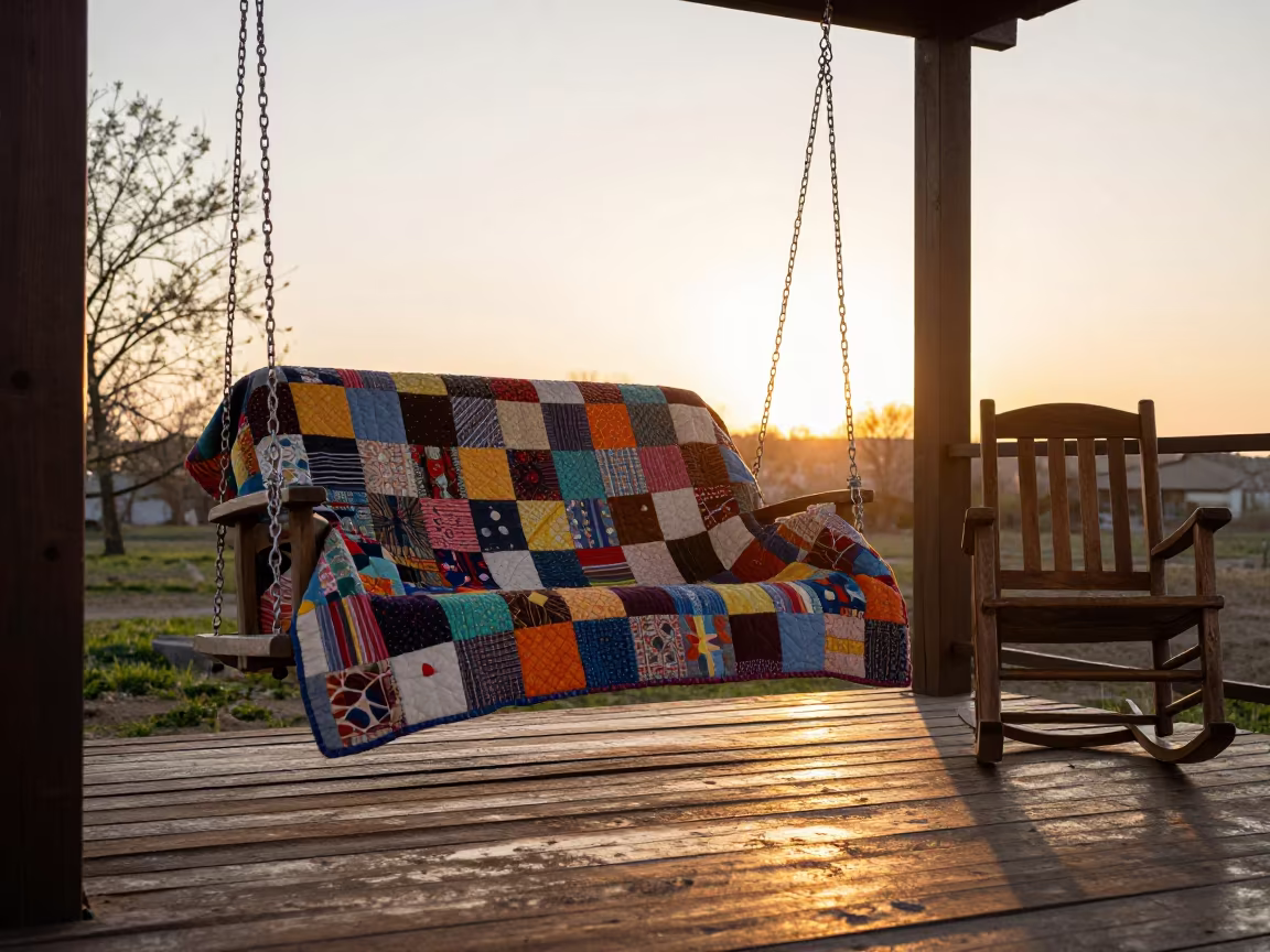 Quilt Draped on Porch Swing at Sunset in Nizip in on a porch with a rocking chair in Nizip