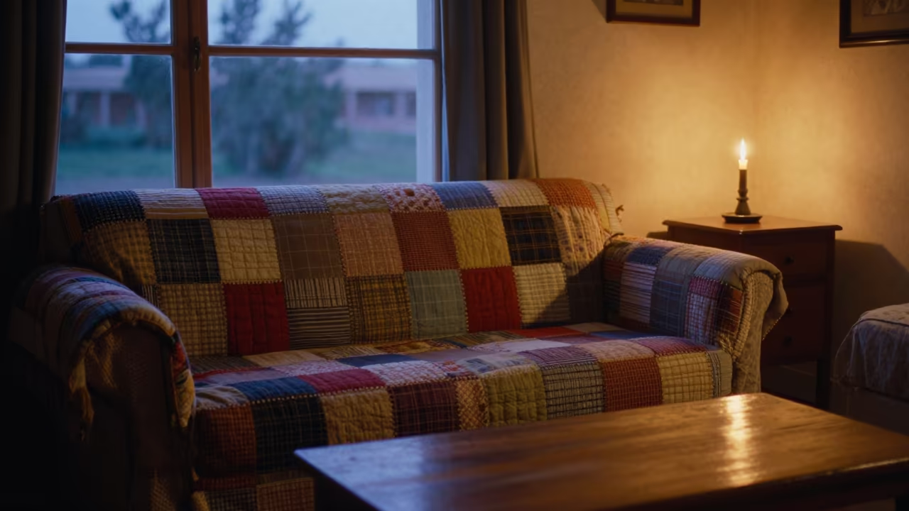 Quilt Draped Sofa Near Massarah Bay Window in in a candlelit bedroom near Massarah