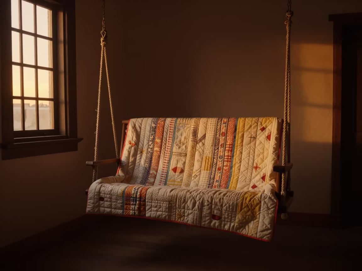 Quilt on Porch Swing in Sunset Room in in a candlelit bedroom near Tepito, Mexico City