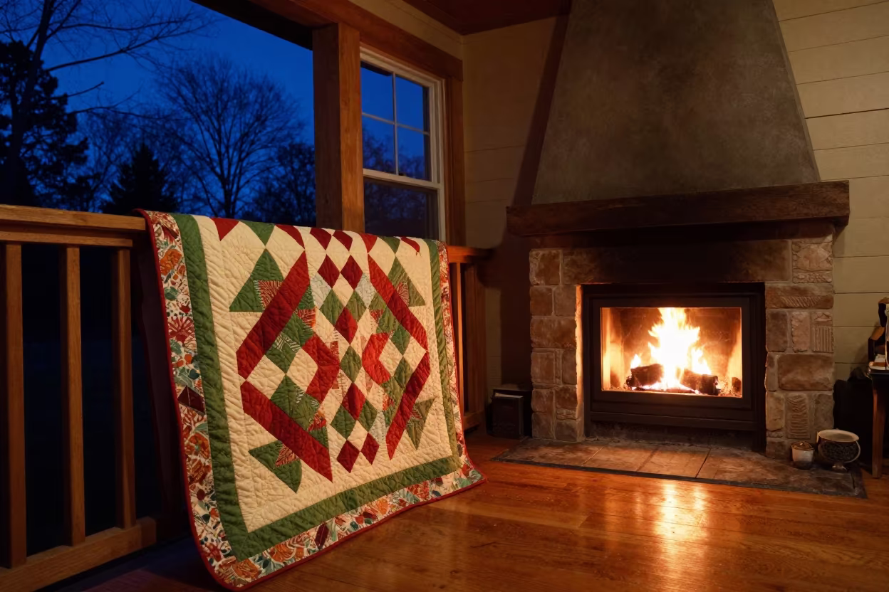 Quilt on Porch Rail Blue Hour Fireplace in by a crackling fireplace near Groningen