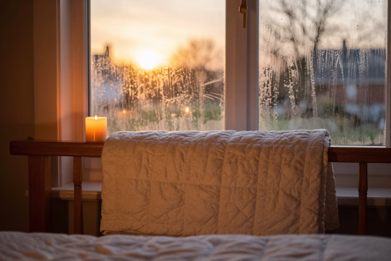 Quilt on Porch Rail with Second Sun in in a candlelit bedroom in Christchurch