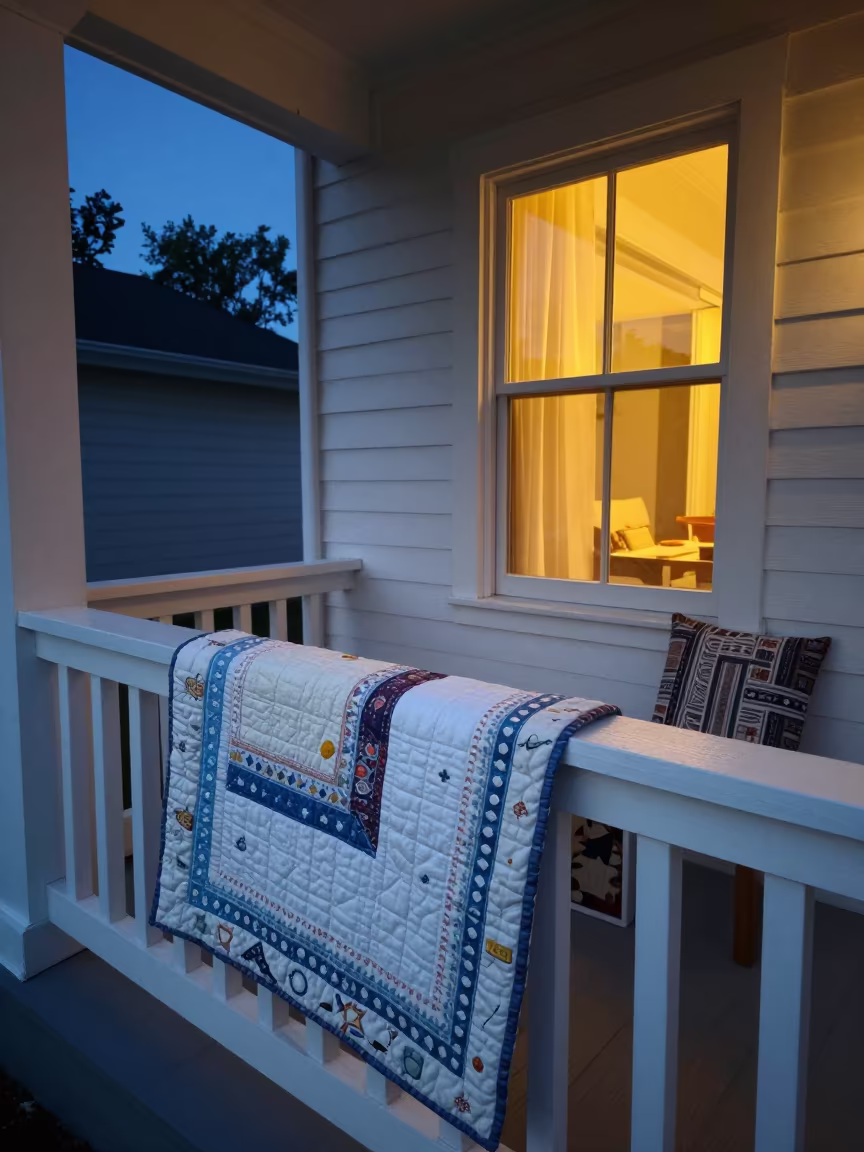 Quilt on Porch Rail at Summer Twilight in on a reading nook cushion in Gujranwala