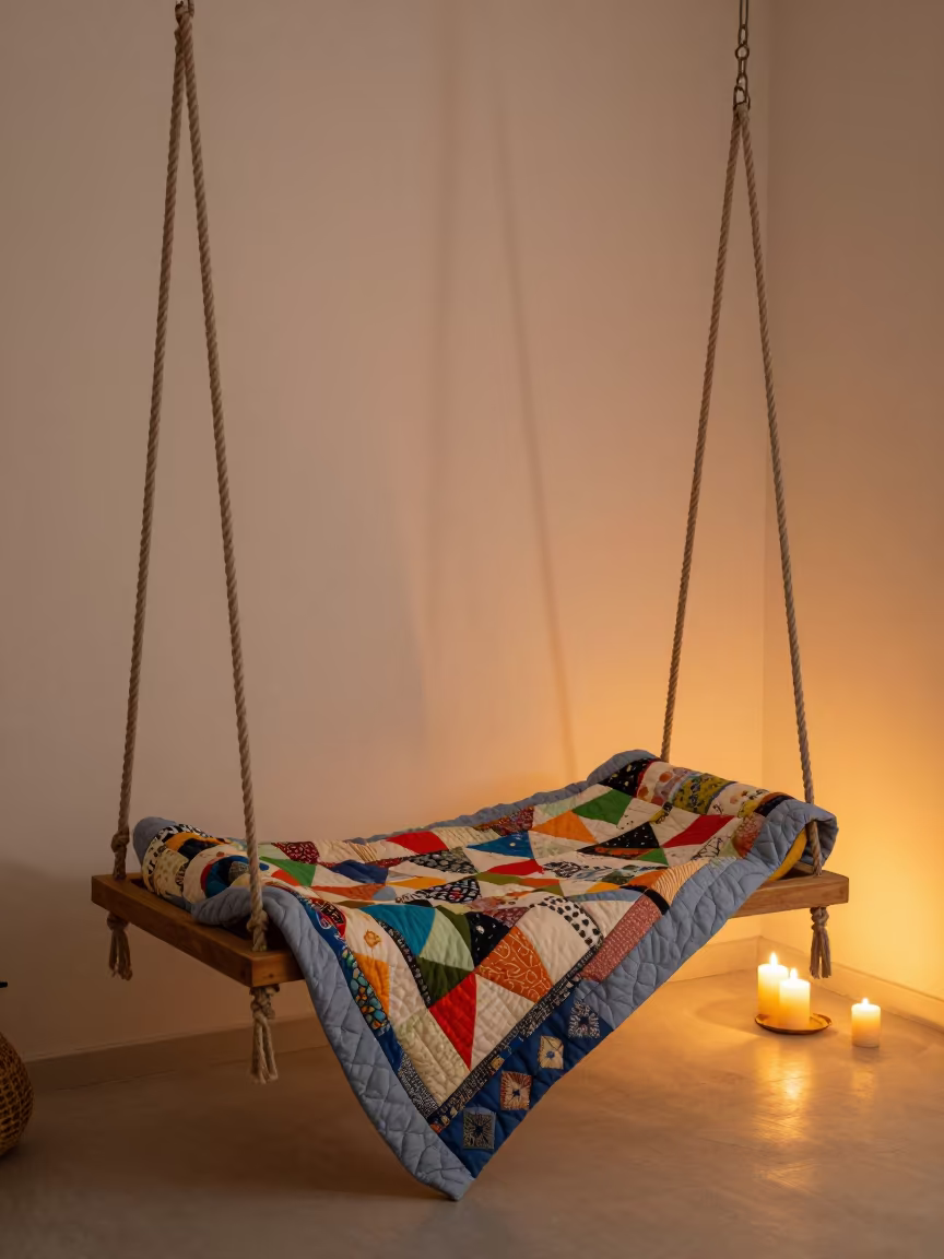 Quilt on Porch Swing in Candlelit Zarqa Bedroom in in a candlelit bedroom in Zarqa