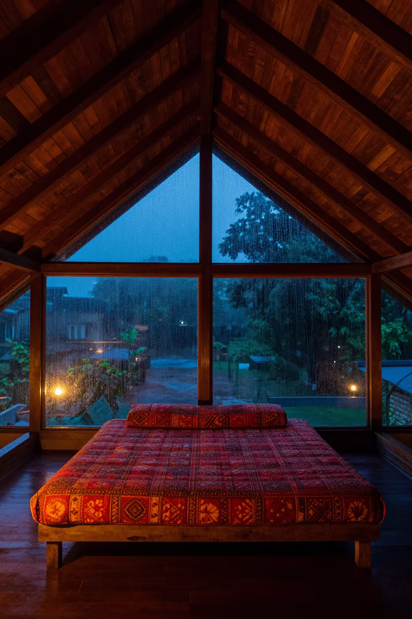 Quilted Daybed Under Sloped Ceiling Chittagong Night in inside a vaulted atrium in Chittagong