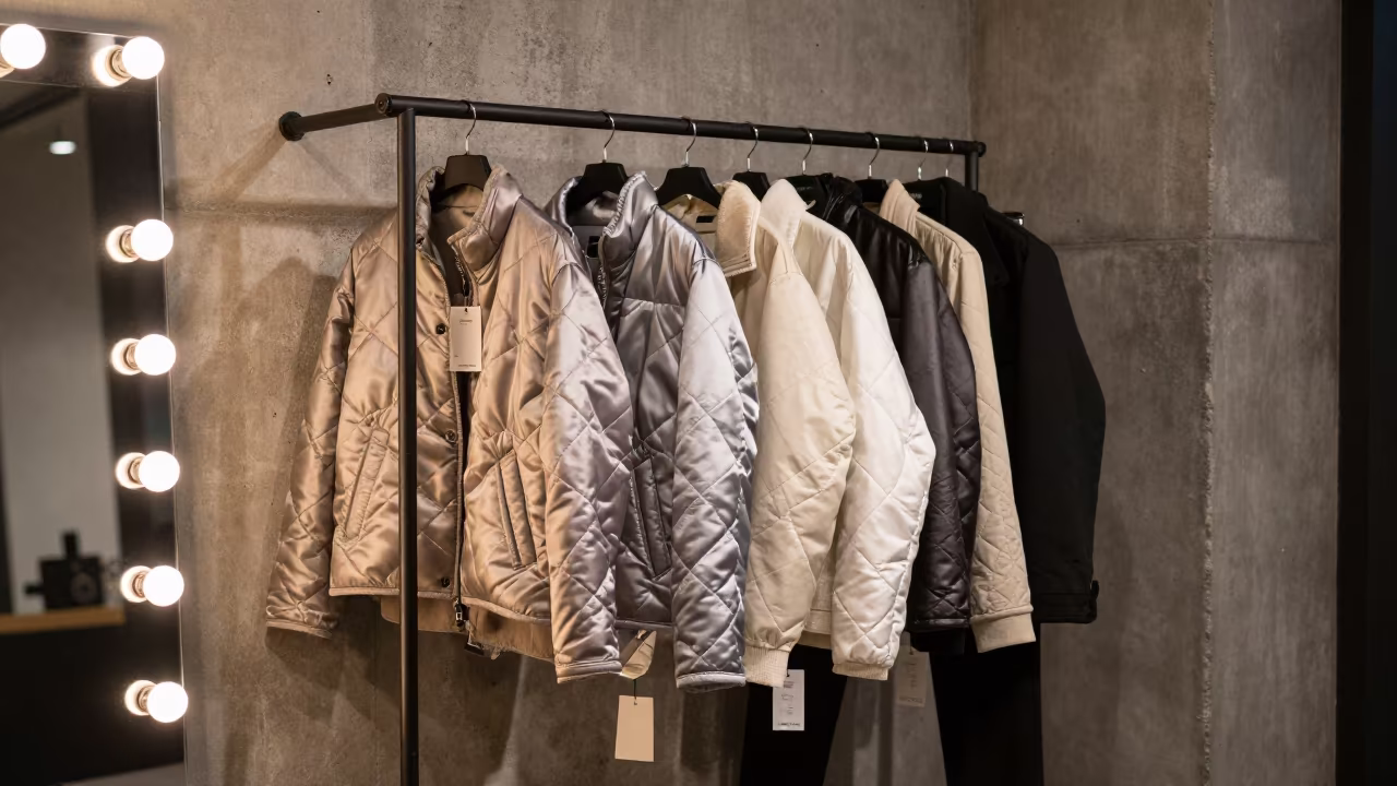 Quilted Satin Coats Midnight Brasov Showroom in beside a mirror lined with makeup bulbs in Brasov