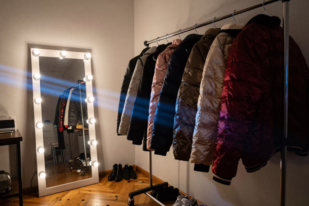 Quilted Satin Coats on Rack Near Mirror in beside a mirror lined with makeup bulbs near Oudtshoorn