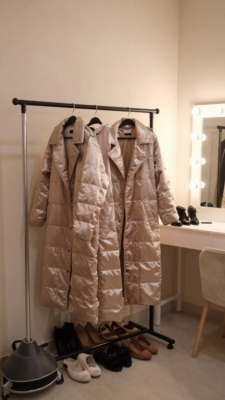 Quilted Satin Coats and Steamer in Al-Muharraq in beside a mirror lined with makeup bulbs in Al-Muharraq