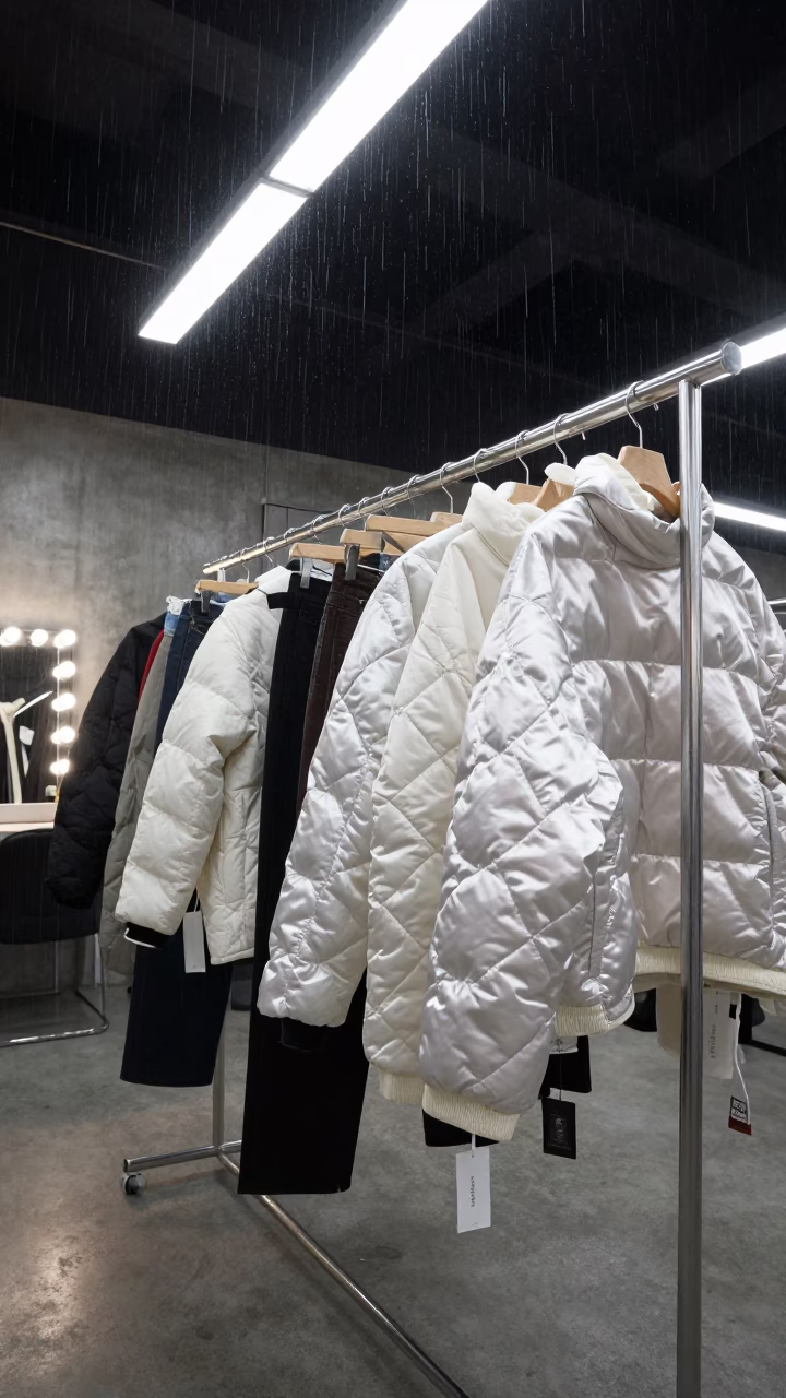 Quilted Satin Outerwear on Concrete Rack in beside a mirror lined with makeup bulbs in Haikou
