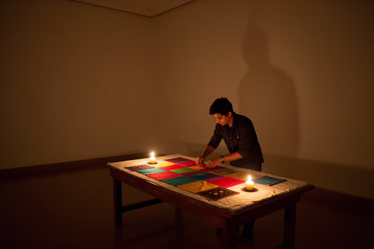 Quilter Pinning Fabric in Indore Before Dawn in on a museum plinth in Indore
