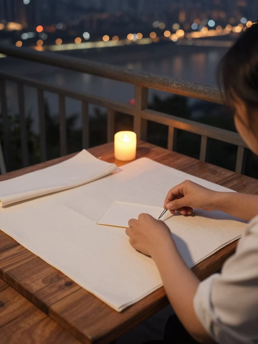 Quilter Pinning Fabric on Pier Railing Chongqing in on a pier railing in Chongqing