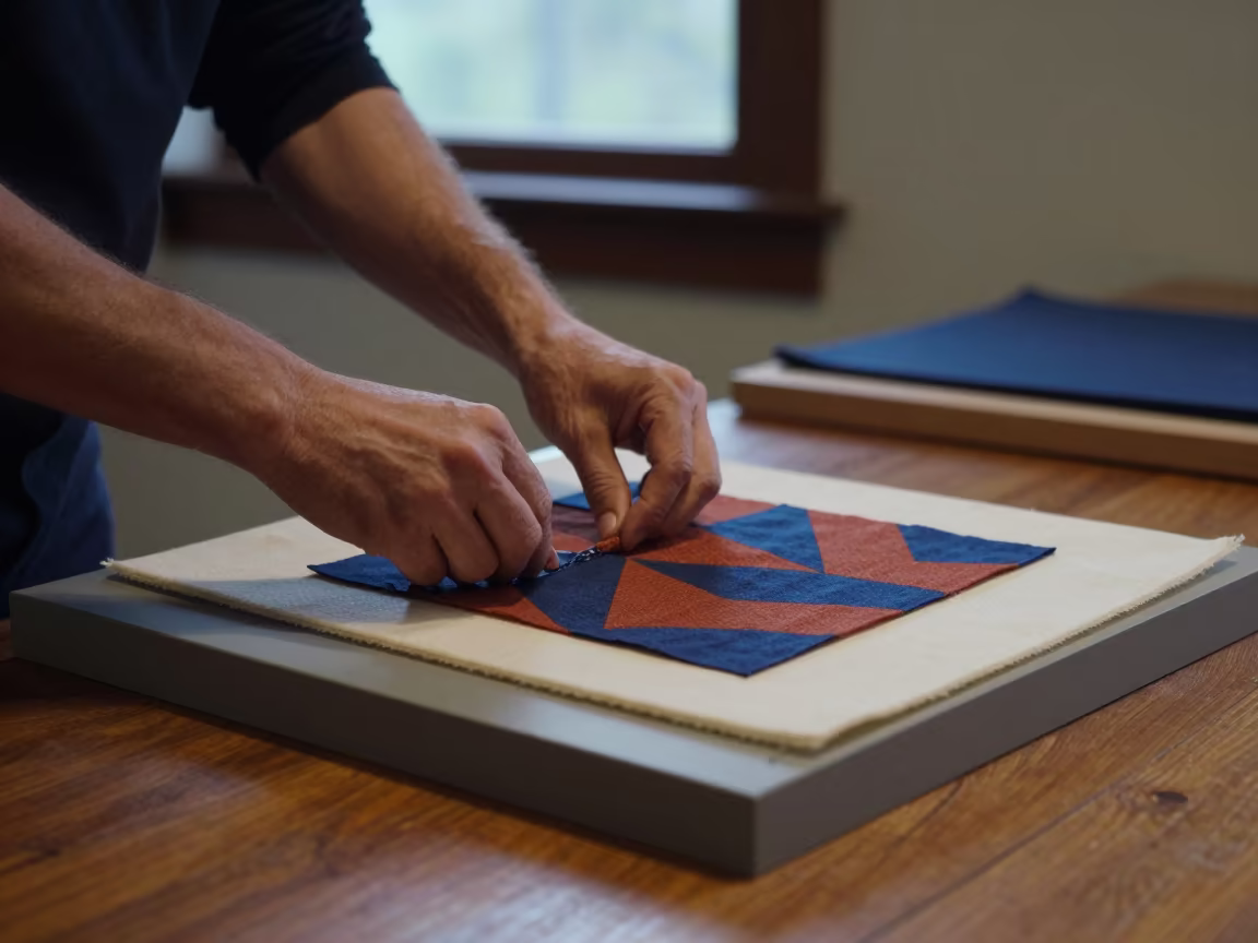 Quilter Pinning Fabric Squares on Batting in on a museum plinth near Muzaffarpur
