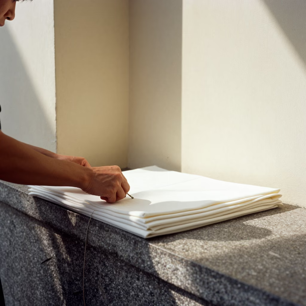 Quilter Pinning Fabric on Stone Ledge Ho Chi Minh in on a stone ledge near Ho Chi Minh City