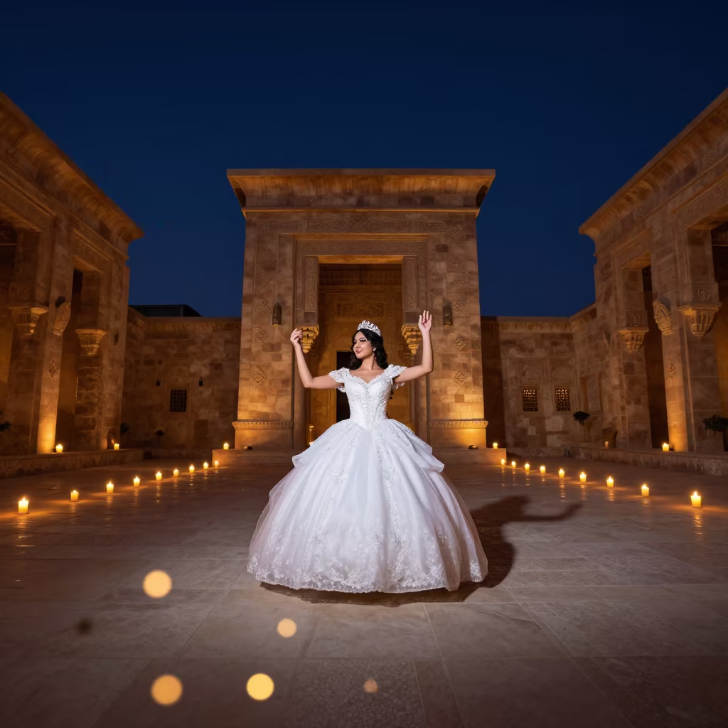Quinceañera Waltz Under Candlelight in Omdurman Temple Courtyard in in a temple courtyard near Omdurman