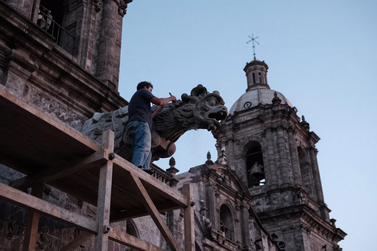 Quito Cathedral Gargoyle Restoration at Nautical Dawn with Stonemason and Raspberries in in Quito, Ecuador