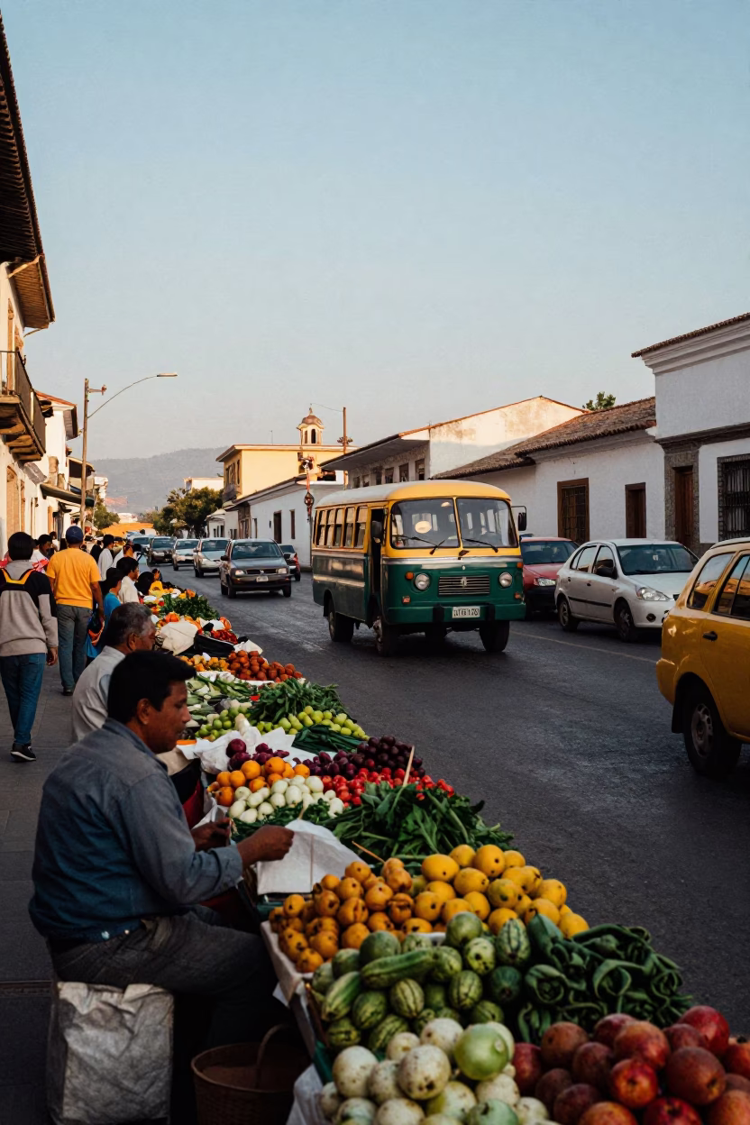 Quito Ecuador 1960s Late Afternoon Street Scene with Market Produce and Traditional Transport in in Quito, Ecuador