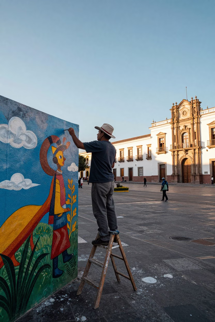 Quito Ecuador Afternoon Street Mural Artist Painting Urban Landscape in in Quito, Ecuador