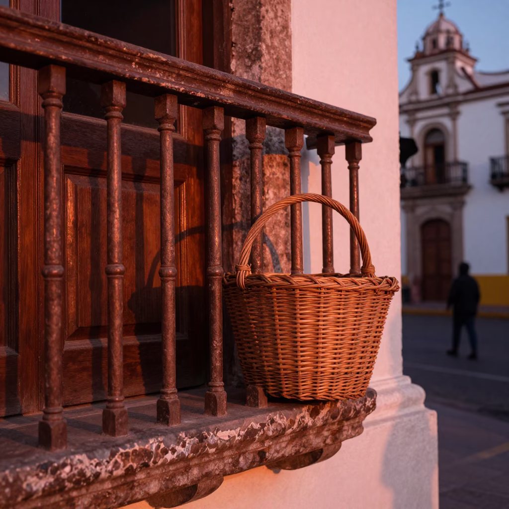 Quito Ecuador Before Dusk Wicker Shadow on Rail And Colonial Architecture in in Quito, Ecuador