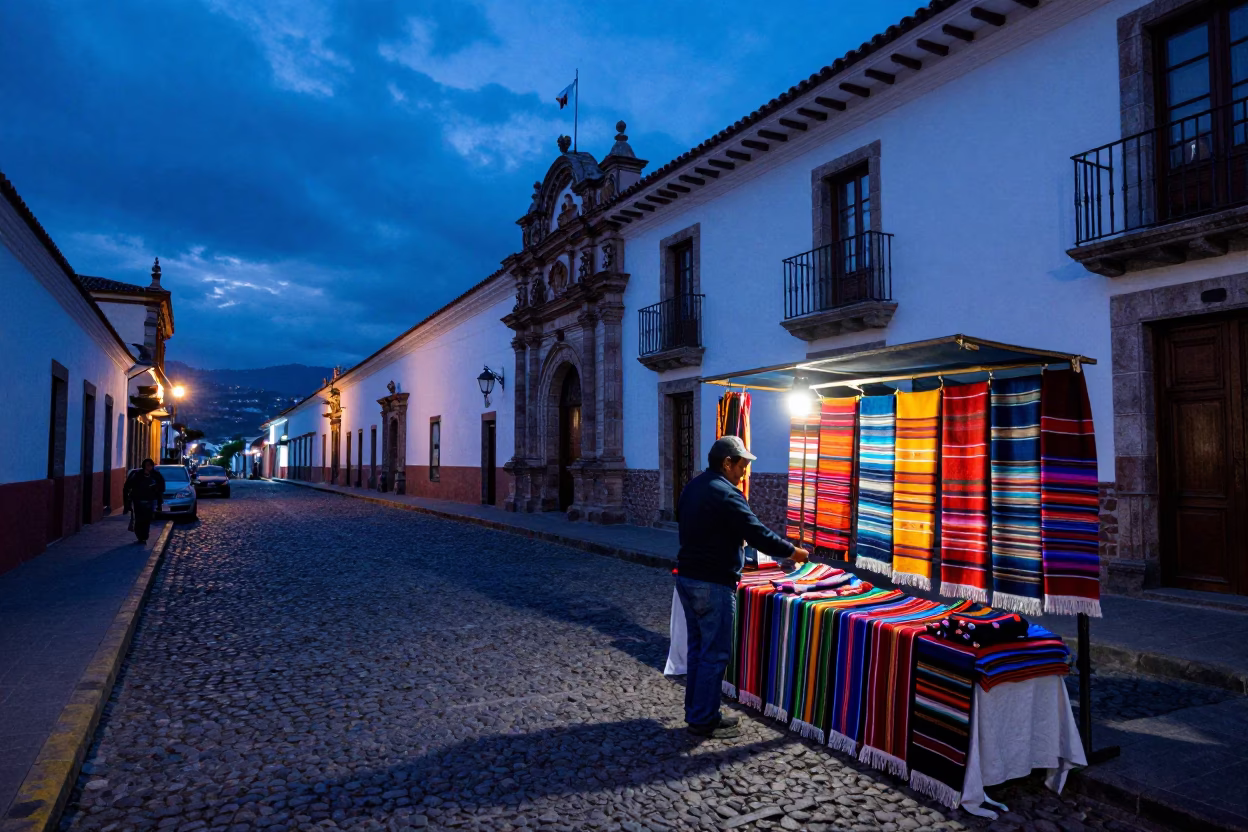 Quito Ecuador Blue Hour Street Scene with Colorful Textiles and Urban Details in in Quito, Ecuador