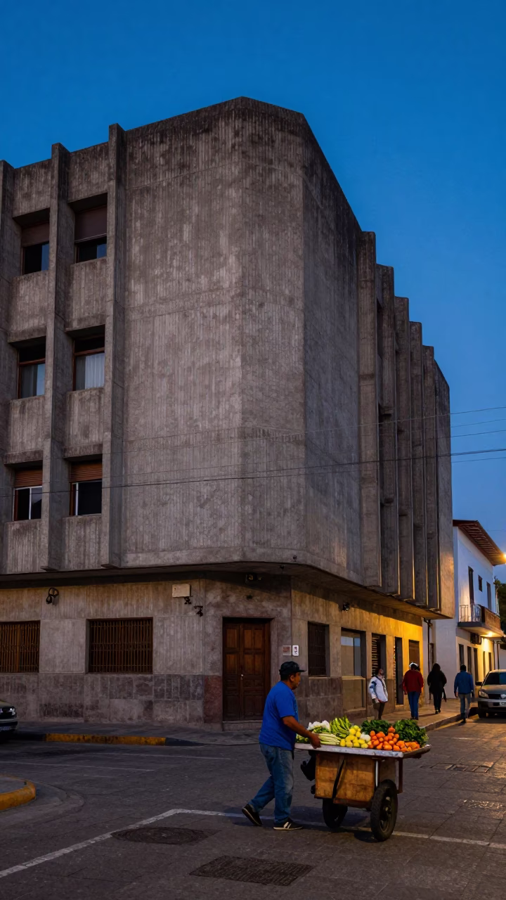 Quito Ecuador Blue Hour Street Scene with Concrete Brutalist Architecture and Local Life in in Quito, Ecuador