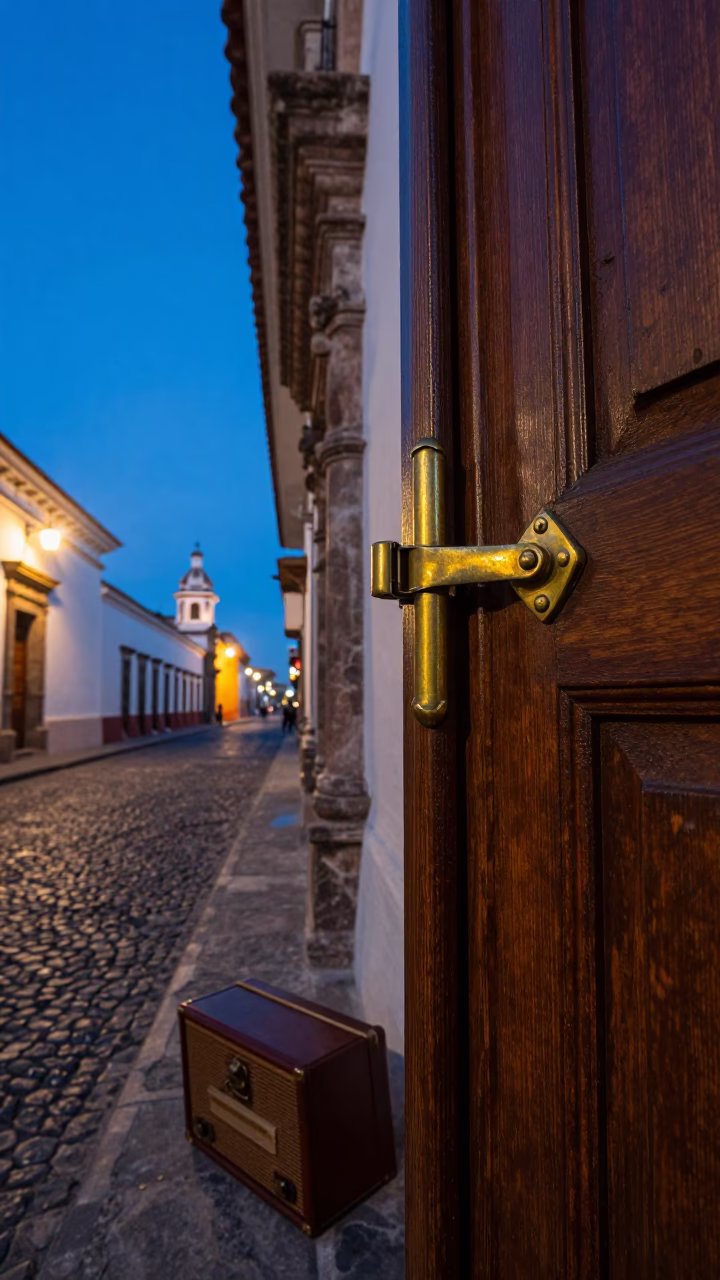 Quito Ecuador Blue Hour Street Scene with Door Latch and Vintage Recorder in in Quito, Ecuador