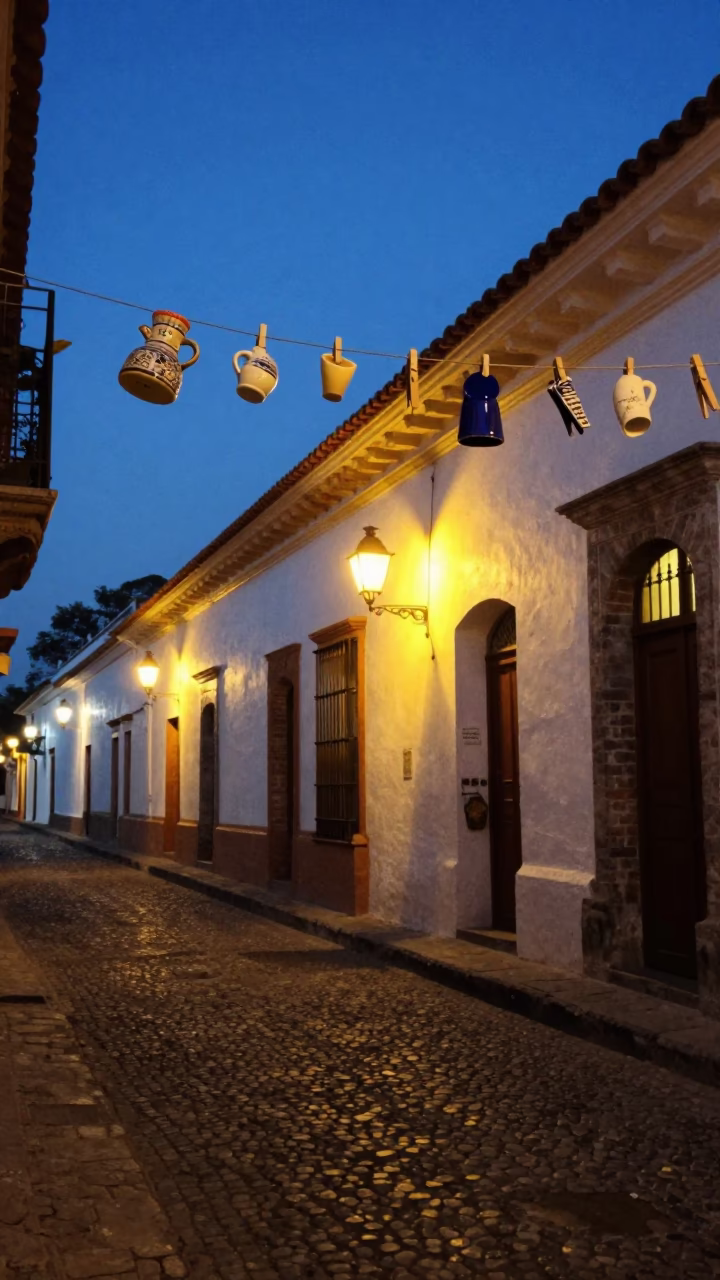 Quito Ecuador Blue Hour Street Scene with Laundry Pins and Ceramic Cup in in Quito, Ecuador