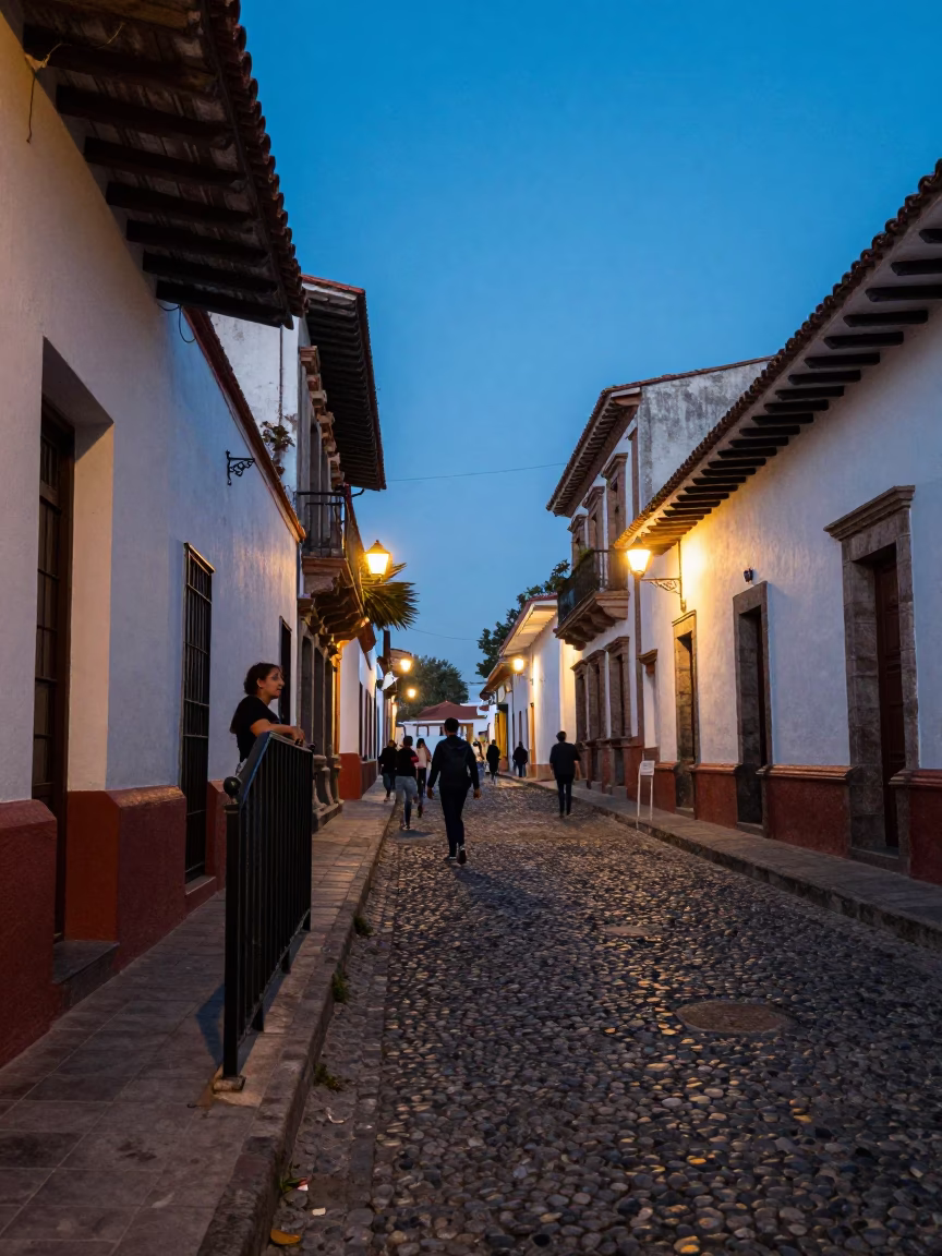 Quito Ecuador Blue Hour Street Scene with Stair Rail and Local Life in in Quito, Ecuador