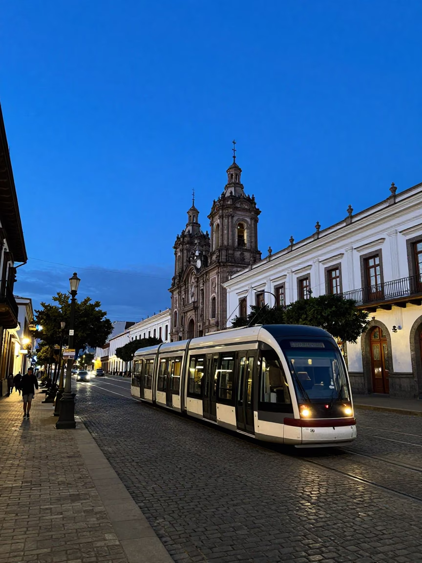 Quito Ecuador Blue Hour Street Scene with Tram and Colonial Architecture in in Quito, Ecuador
