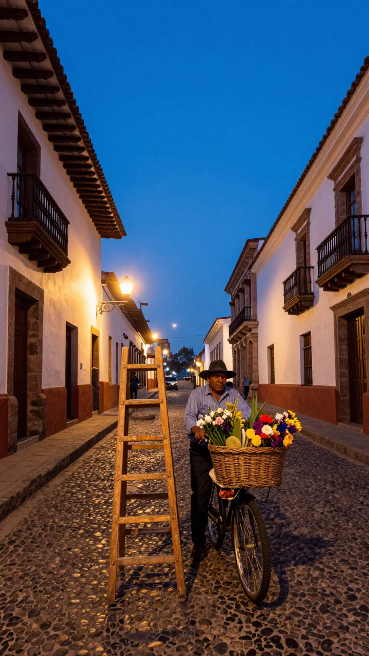 Quito Ecuador Blue Hour Street Scene with Wicker Basket and Wooden Ladder in in Quito, Ecuador