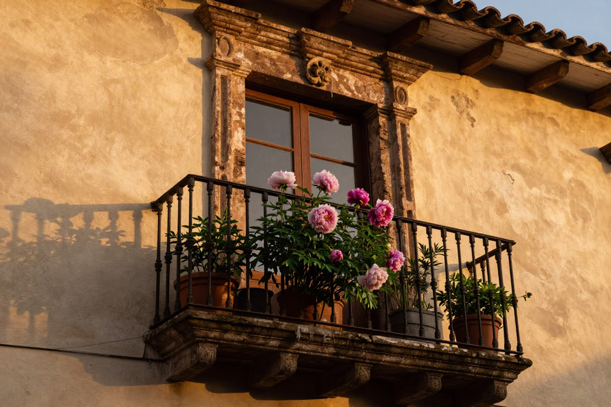 Quito Ecuador Colonial Balcony Evening Light with Potted Peonies and Street View in in Quito, Ecuador