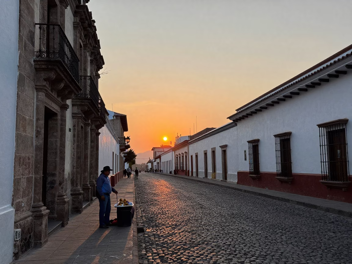 Quito Ecuador Colonial Street Scene at Sunset with Local Vendor and Traditional Architecture in in Quito, Ecuador