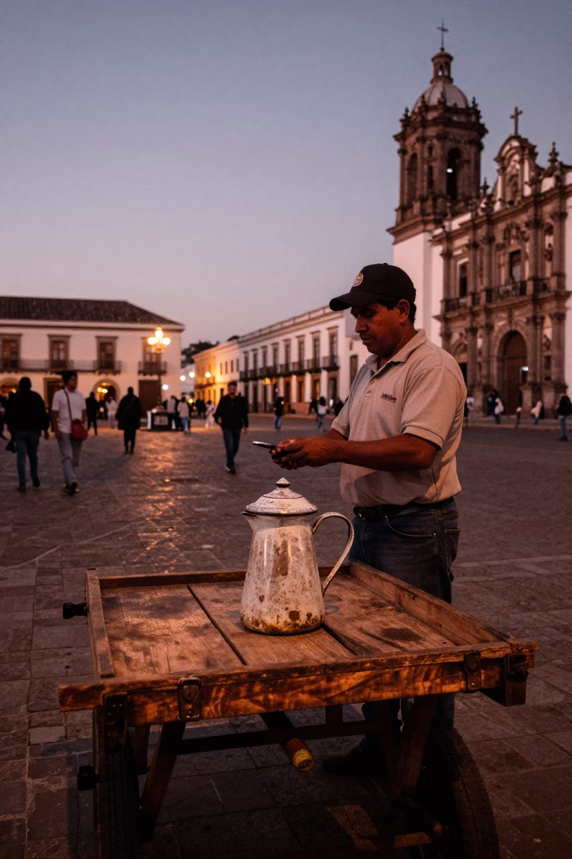 Quito Ecuador Copper Dusk Street Scene with Enamel Pitcher and Local Vendor in in Quito, Ecuador