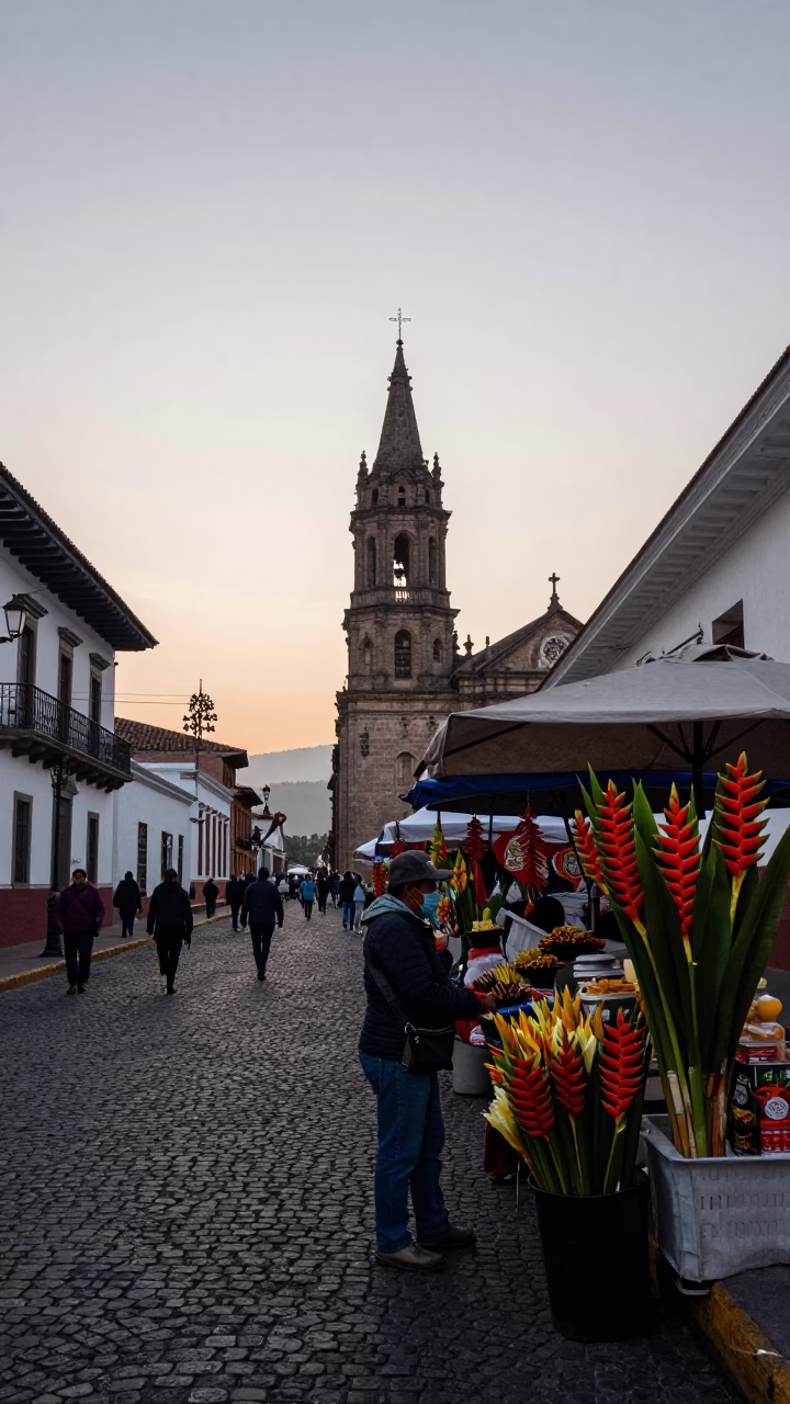 Quito Ecuador Dawn Street Scene with Heliconia and Local Market Activity in in Quito, Ecuador
